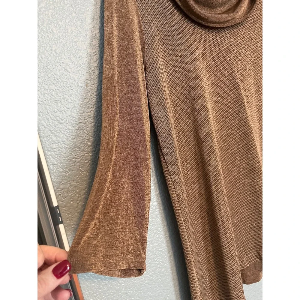 Chicos Travelers Metallic Brown Shimmer Cowl Neck Asymmetric Tunic Sz 1 US XL - Picture 5 of 16